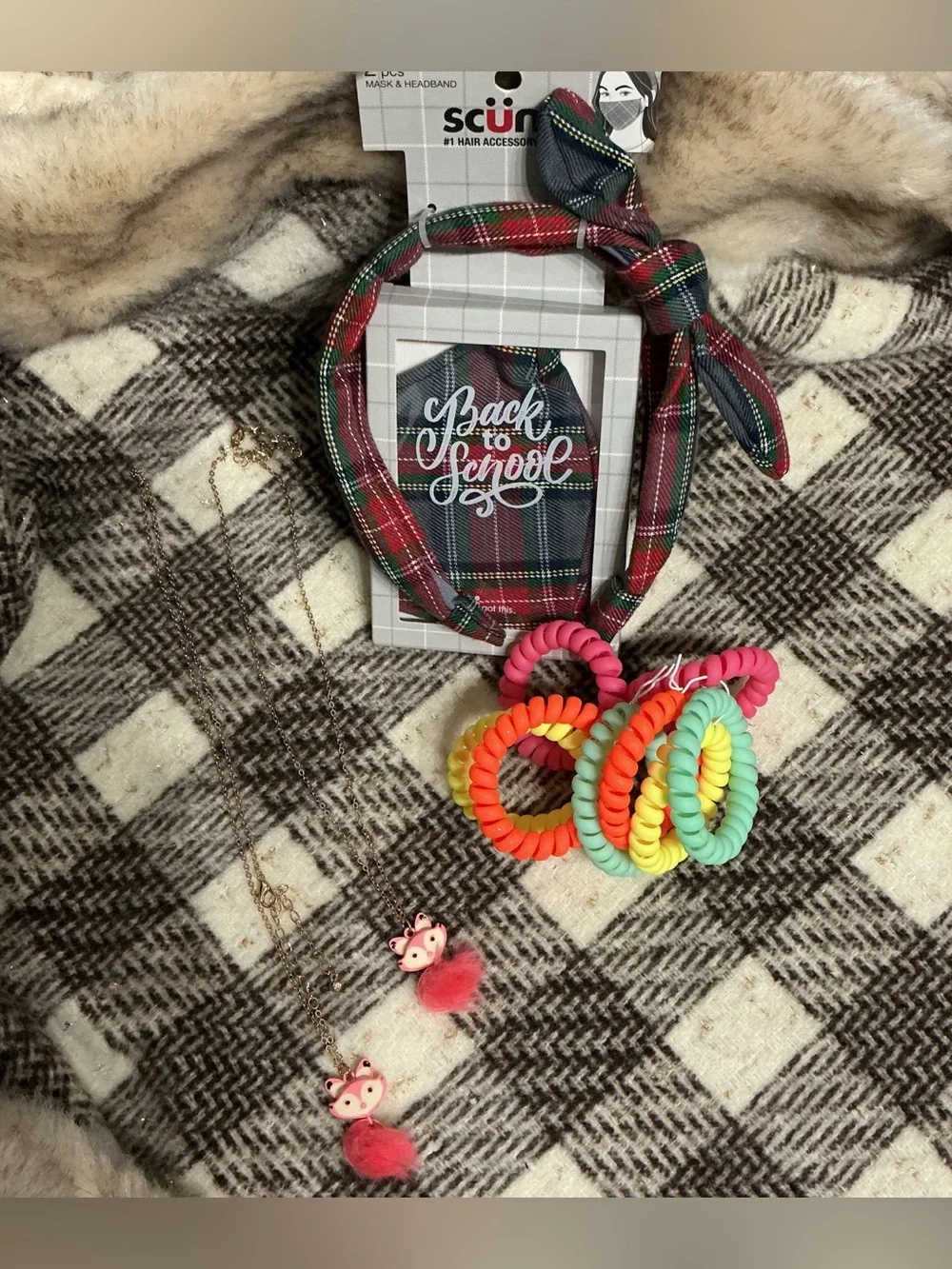 GIRLS SCUNCI HEADBAND & HAIR TIES BRACELETS & 2 FOX NECKLACES BUNDLE